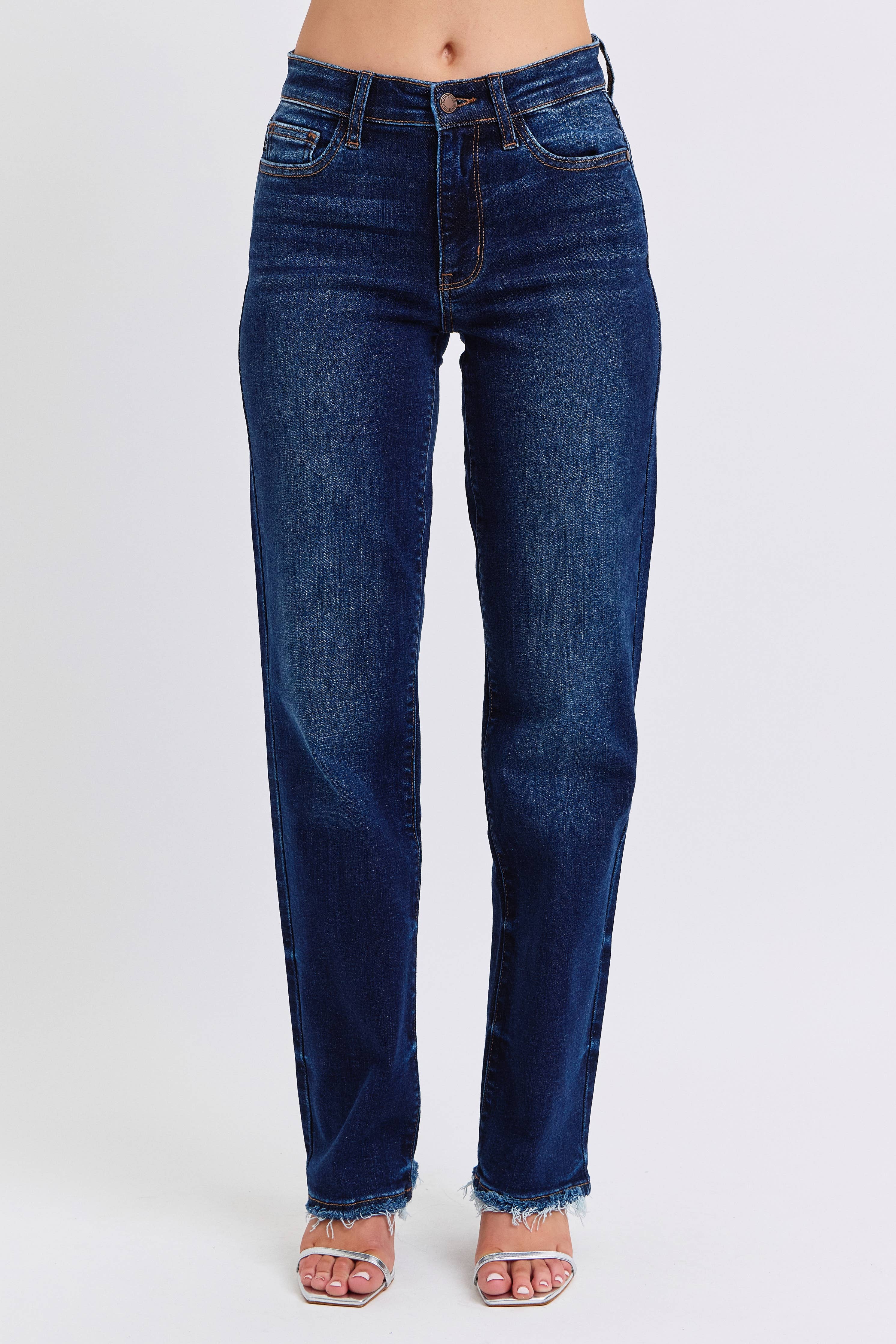Judy Blue Mid Rise Straight Leg Jeans with Fray Hem